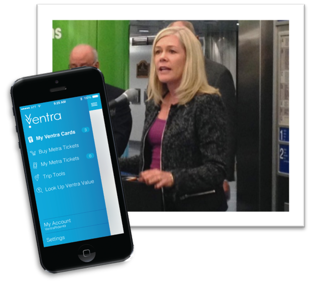 RTA Executive Director Leanne Redden discusses the benefits of the new Ventra app during a press conference held at Millennium station last week. (Picture Inset: Ventra app)