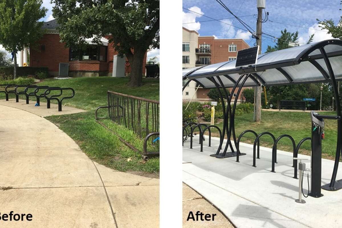 Before photo showing bike racks on concrete and in grass and an after photo showing covered bike racks on concrete.