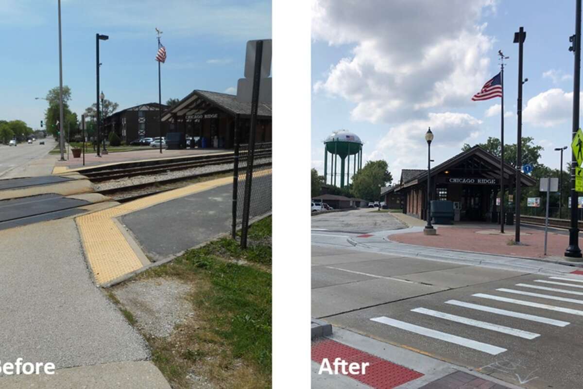 Before photo showing cracked concrete and low visibility and after photo showing pedestrian improvements in Chicago Ridge.