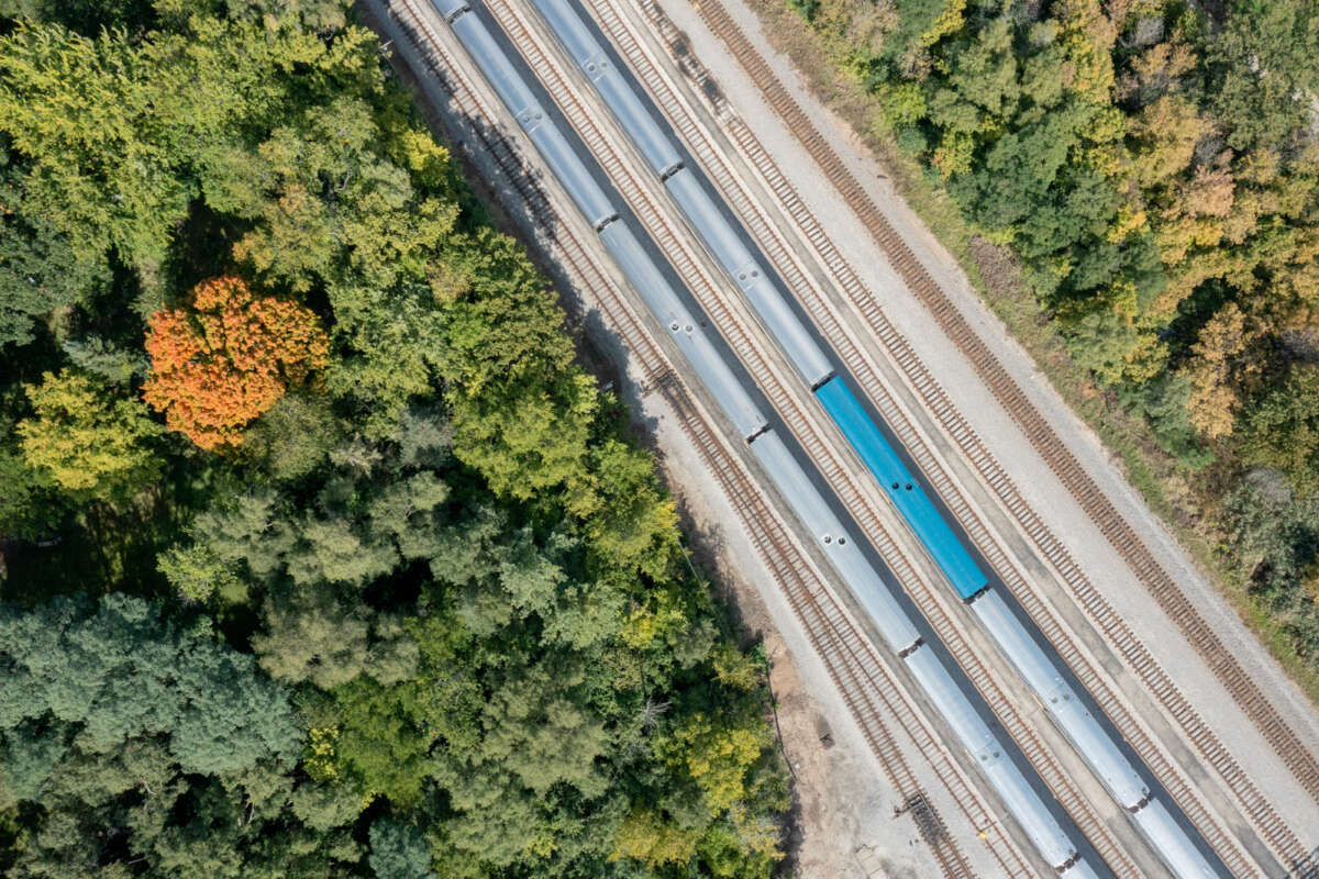 Aerial view of Metra trains with dense trees on either side.
