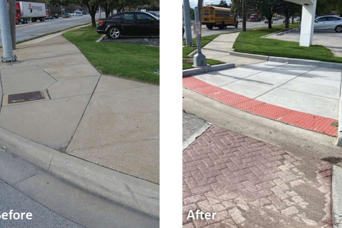 Before photo showing curb and after photo showing accessible curb cut in Richton Park.