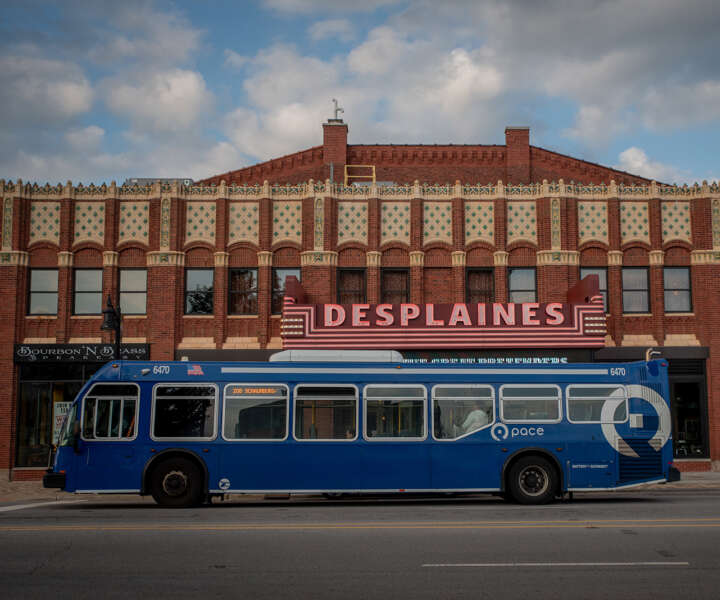 A Pace bus outside of of the Des Plaines Theatre