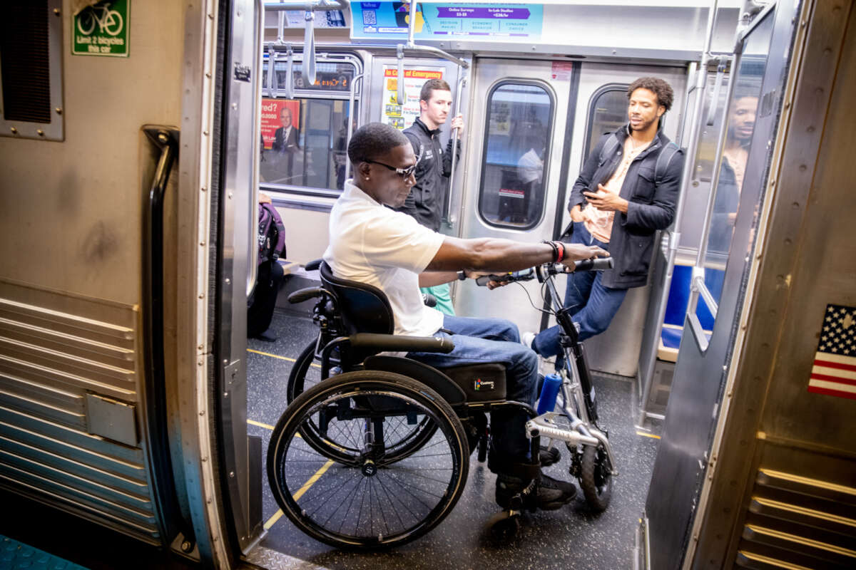 Person in wheelchair on a CTA L train.