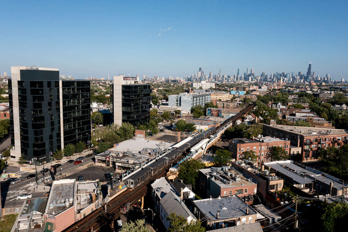 Aerial view of city skyline in Logan Square.