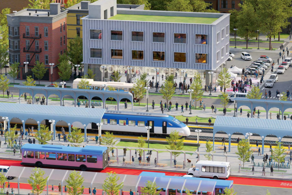 Rendering of a mobility hub showing dense buildings, a train, Paratransit van, bus, bike lanes, and sidewalks.