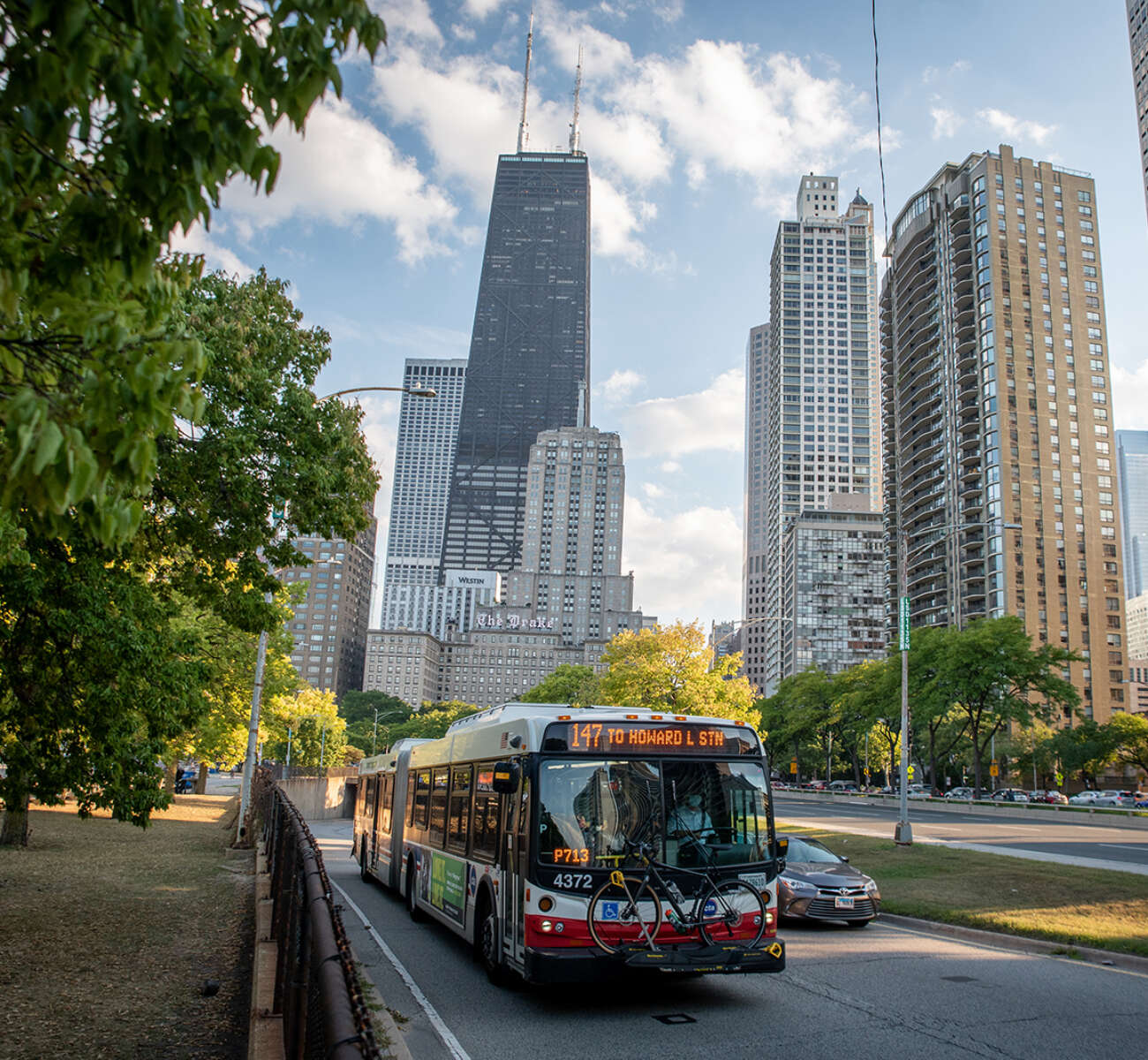 A CTA bus in downtown Chicago with skyscrapers in the background and trees next to the street.