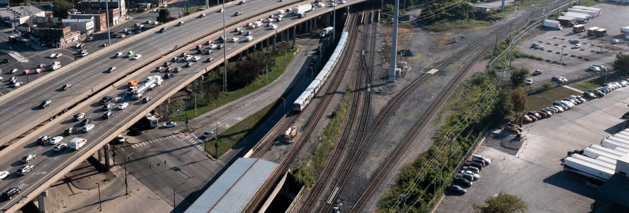 Aerial view of highway and Ashland Orange Line.